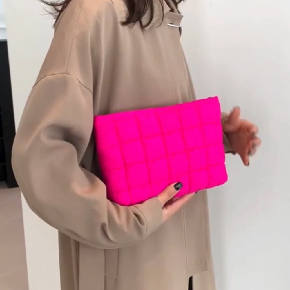 NEW Quilted Padded Puffy Clutch Pouch Cosmetic Bag Hot Pink Puff Puffer